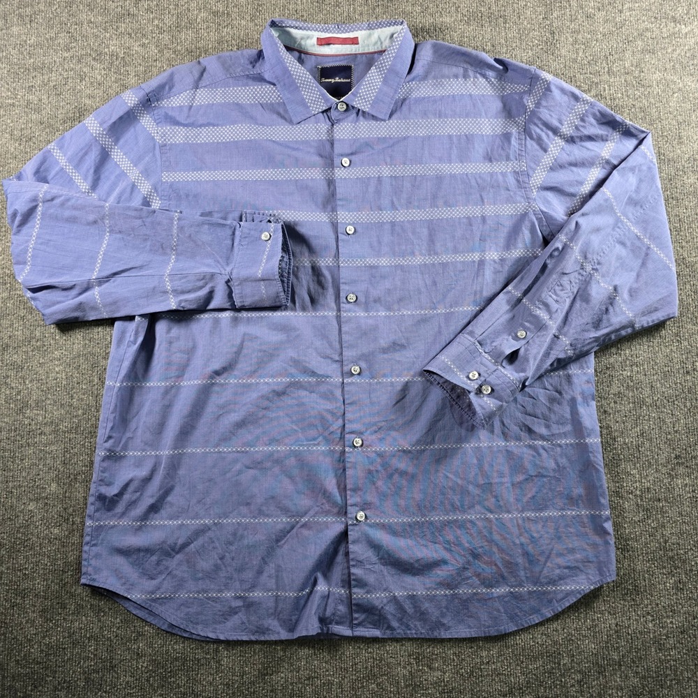 Tommy Bahama Mens XXL Blue White Geometric Stripe Long Sleeve Cotton Shirt